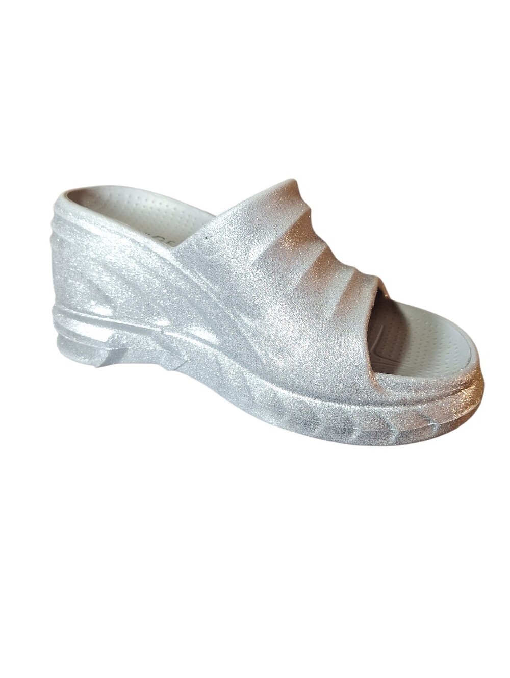 NIB Rouge Helium Chunky Silver Glitter Platform Wedge Sandals